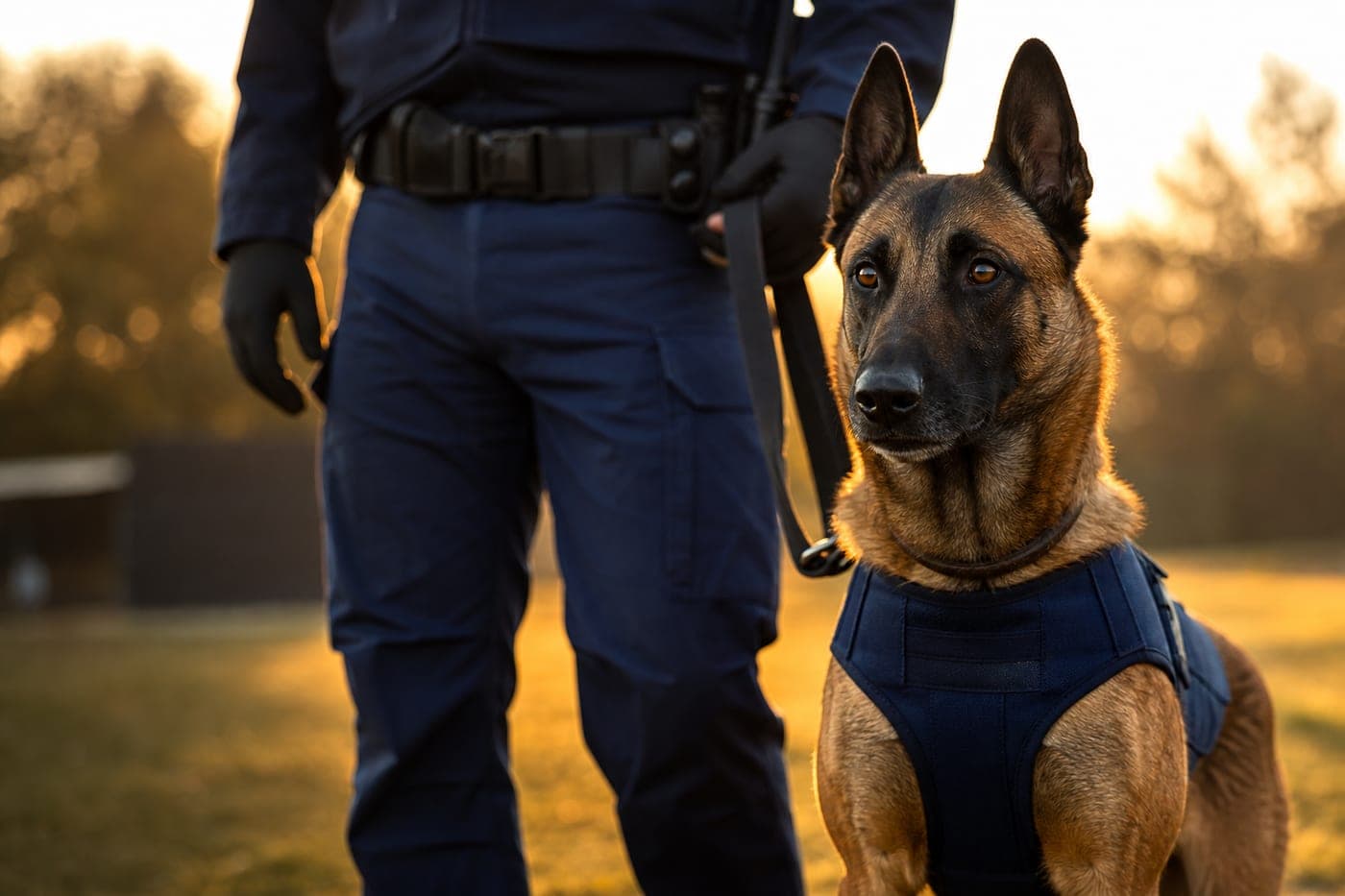 A focused service dog in a working harness standing with its handler at golden hour